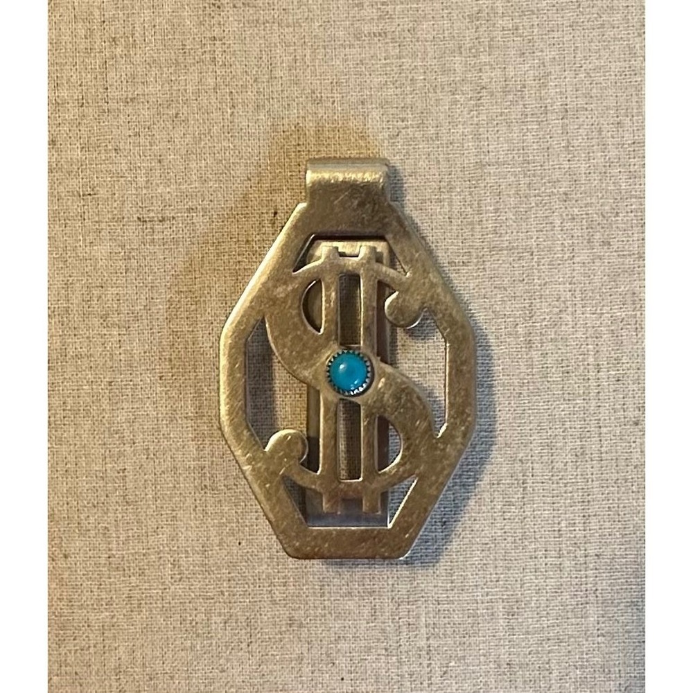 Bell Trading Post VTG Nickel Silver Turquoise Dollar Sign Money Clip 2" x 1.25"